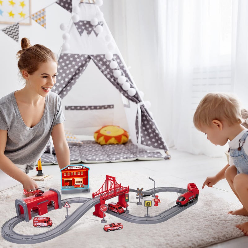Wdmiya Train Sets for Boys 4-7  66 Pcs Battery Operated Train Set with Tracks(Magnetic Connection)  Compatible with Thomas  Brio  Chuggington  Gifts for 3 4 5 6 Years Old (66pcs Fire Truck) - Image 3